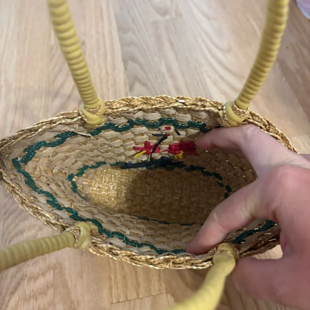 Small Vintage 1960s French Woven Golden Straw Child's Basket Red Flower Retro